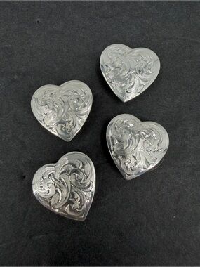 Vtg Silver Tone Heart Shaped Button Covers Set of 4 Western Concho Cowgirl Rodeo